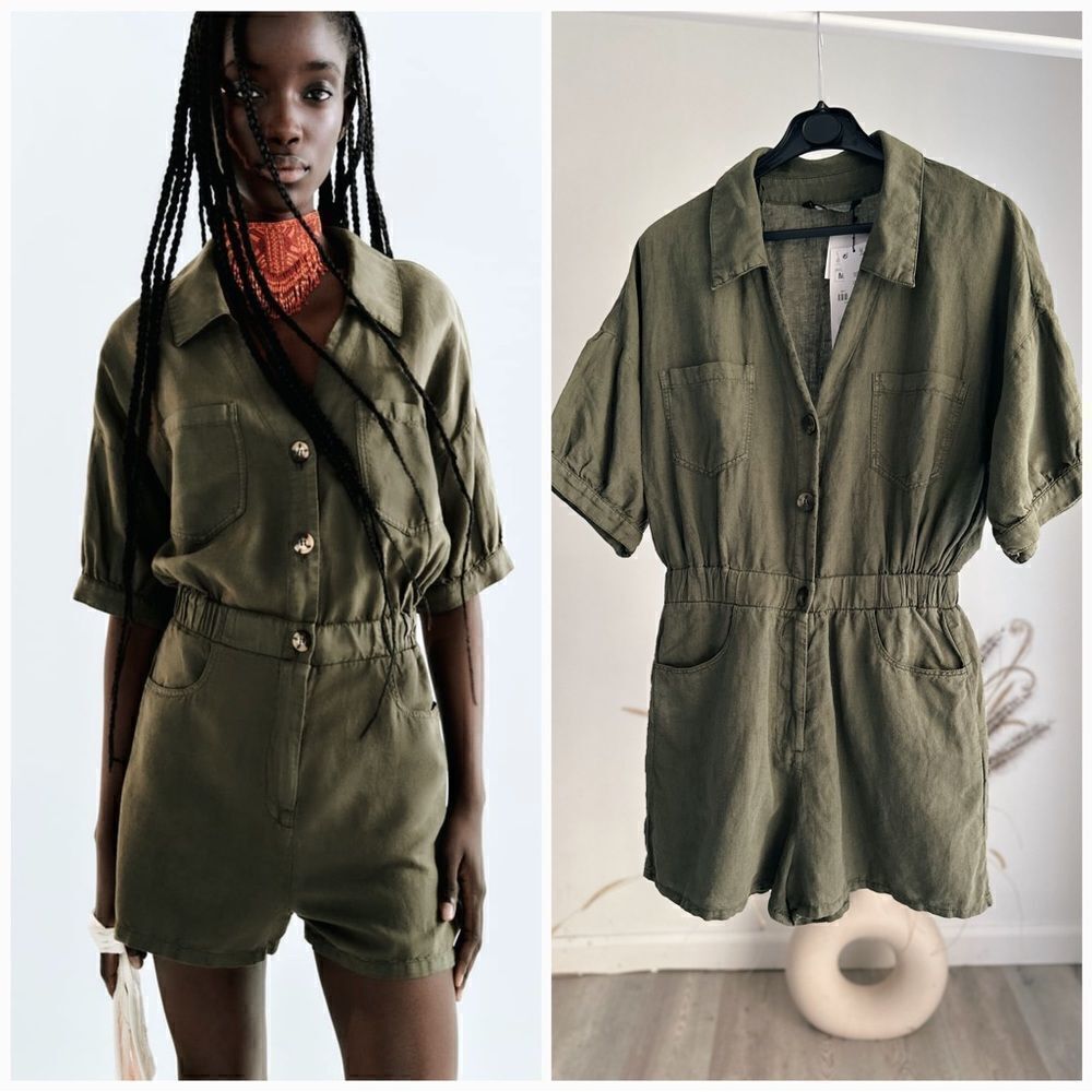 Zara Linen Blend Khaki Jumpsuit New